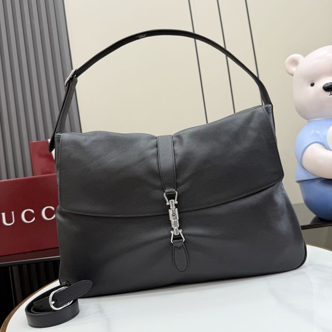 Gucci Jackie Flap large crossbody bag A005ZI black grainy leather