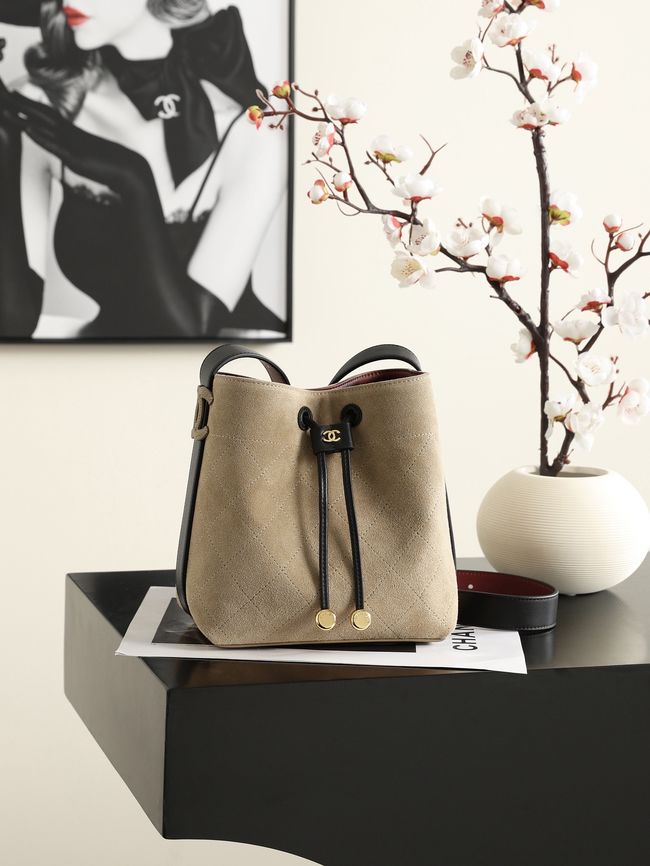 Chanel Suede Calfskin Bucket Bag AS6584 Dark Beige & Black