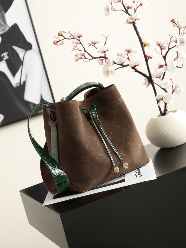 Chanel Suede Calfskin Bucket Bag AS6584 dark brown