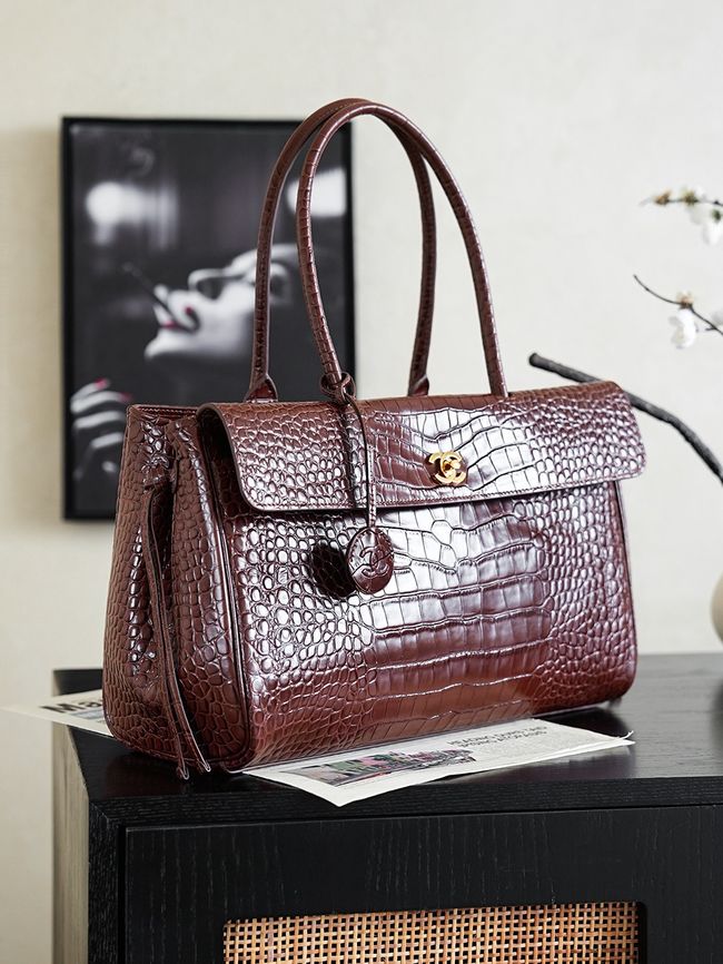 Chanel Crocodile Embossed Shopping Bag AS6428 dark brown