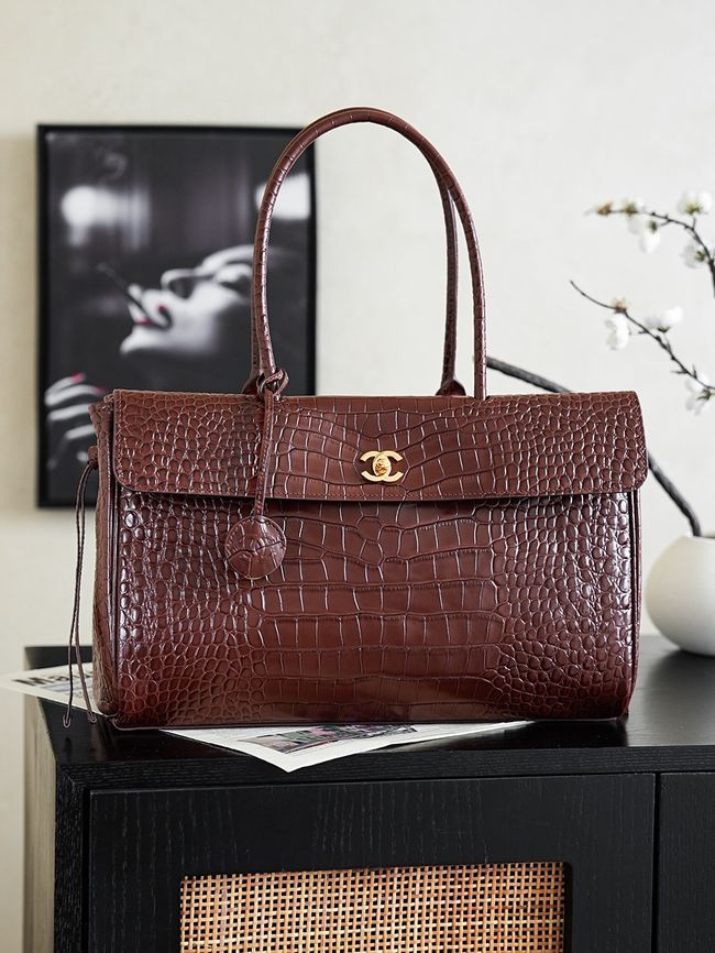 Chanel Crocodile Embossed Shopping Bag AS6428 dark brown
