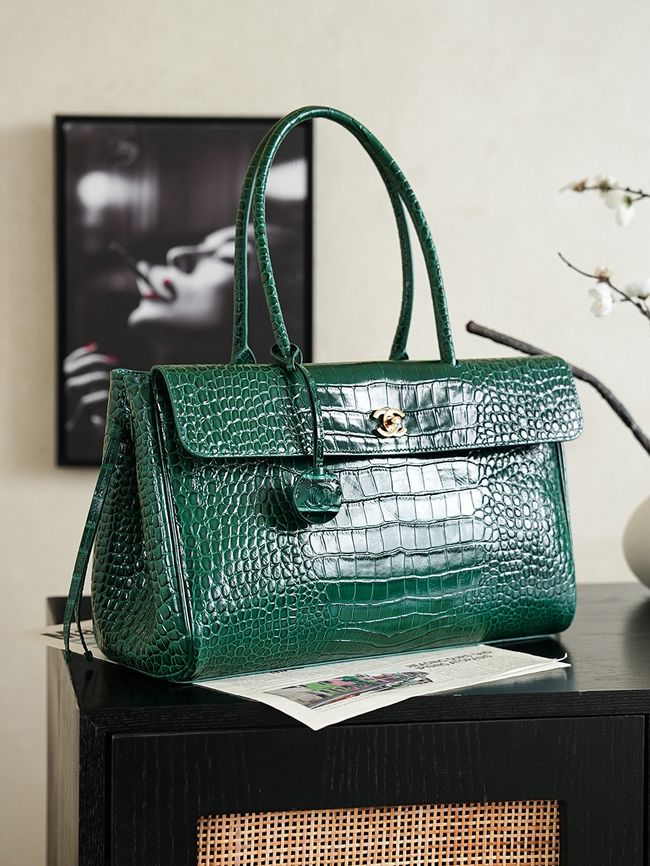 Chanel Crocodile Embossed Shopping Bag AS6428 dark green