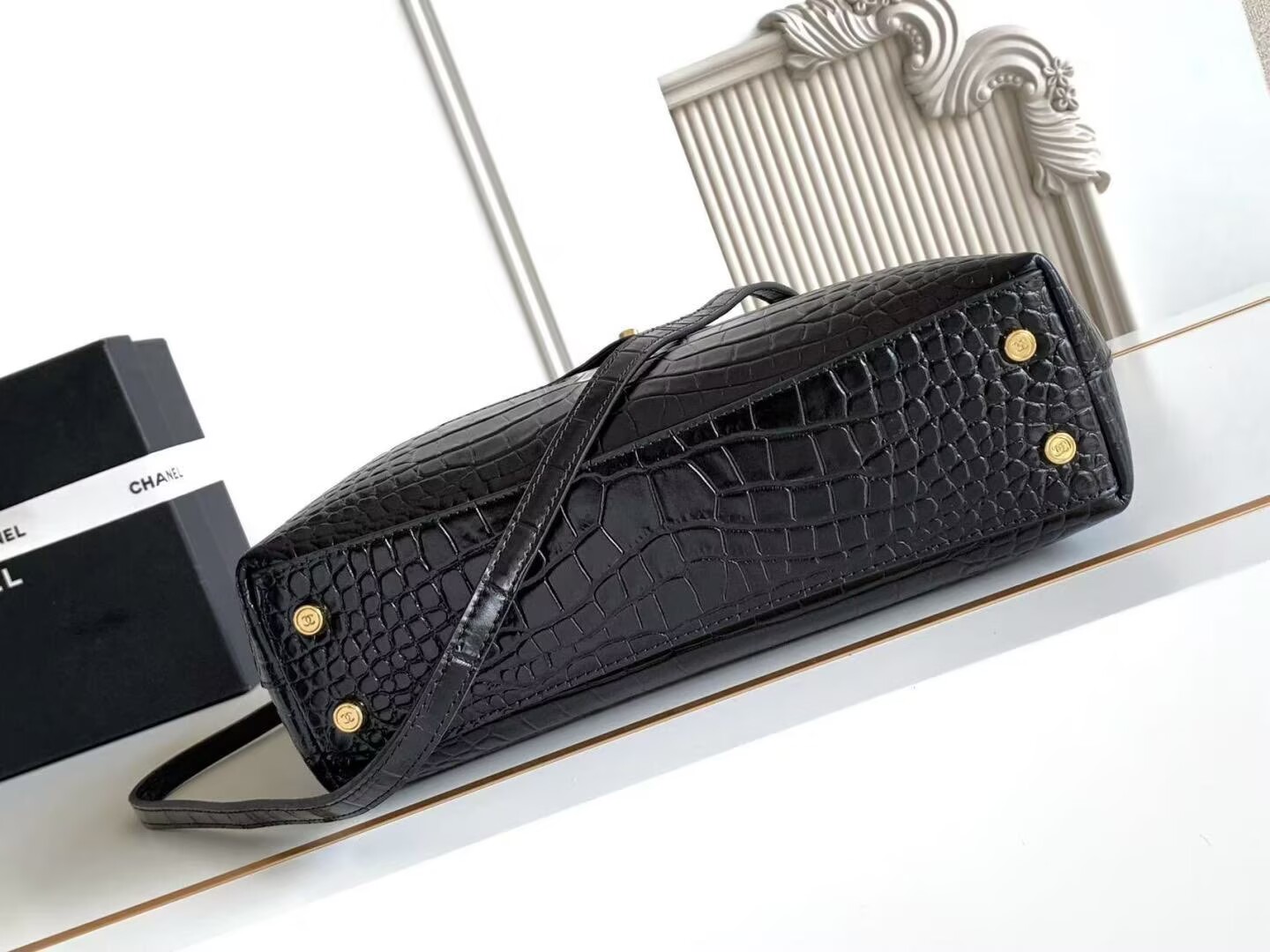 Chanel Maxi Flap Bag With Top Handle Crocodile Embossed Calfskin & Gold-Tone Metal Dark Gray As6309