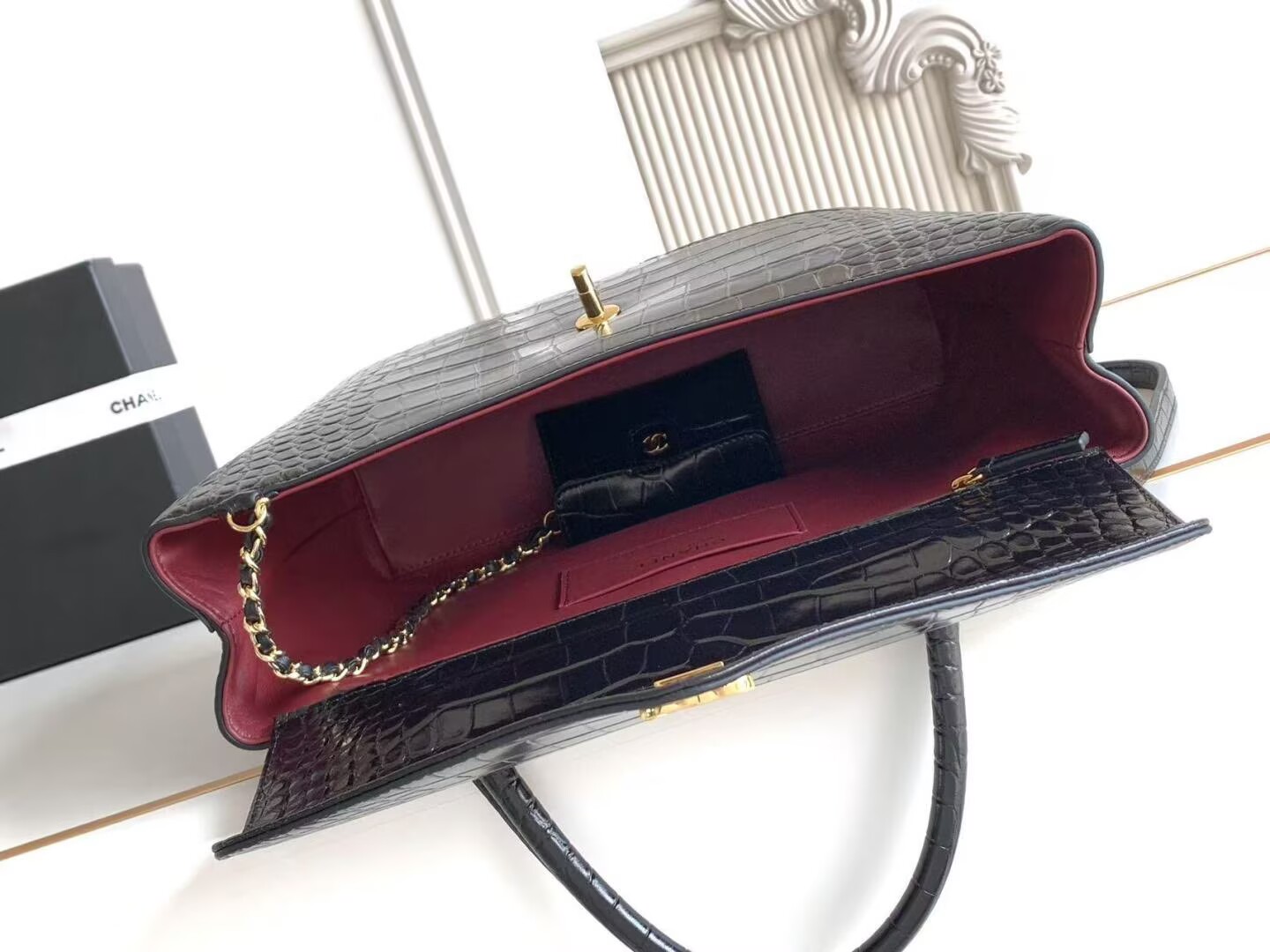 Chanel Maxi Flap Bag With Top Handle Crocodile Embossed Calfskin & Gold-Tone Metal Dark Gray As6309