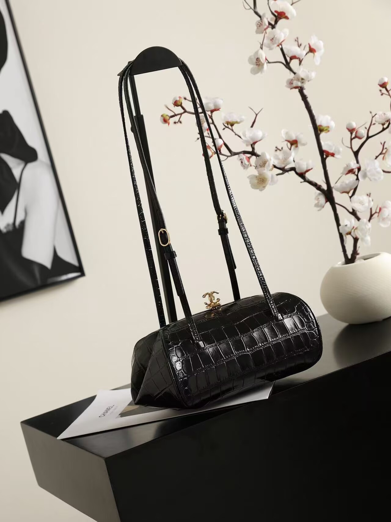 Chanel Clutch With Leather Strap Crocodile Embossed Calfskin & Gold-Tone Metal Black AP5360