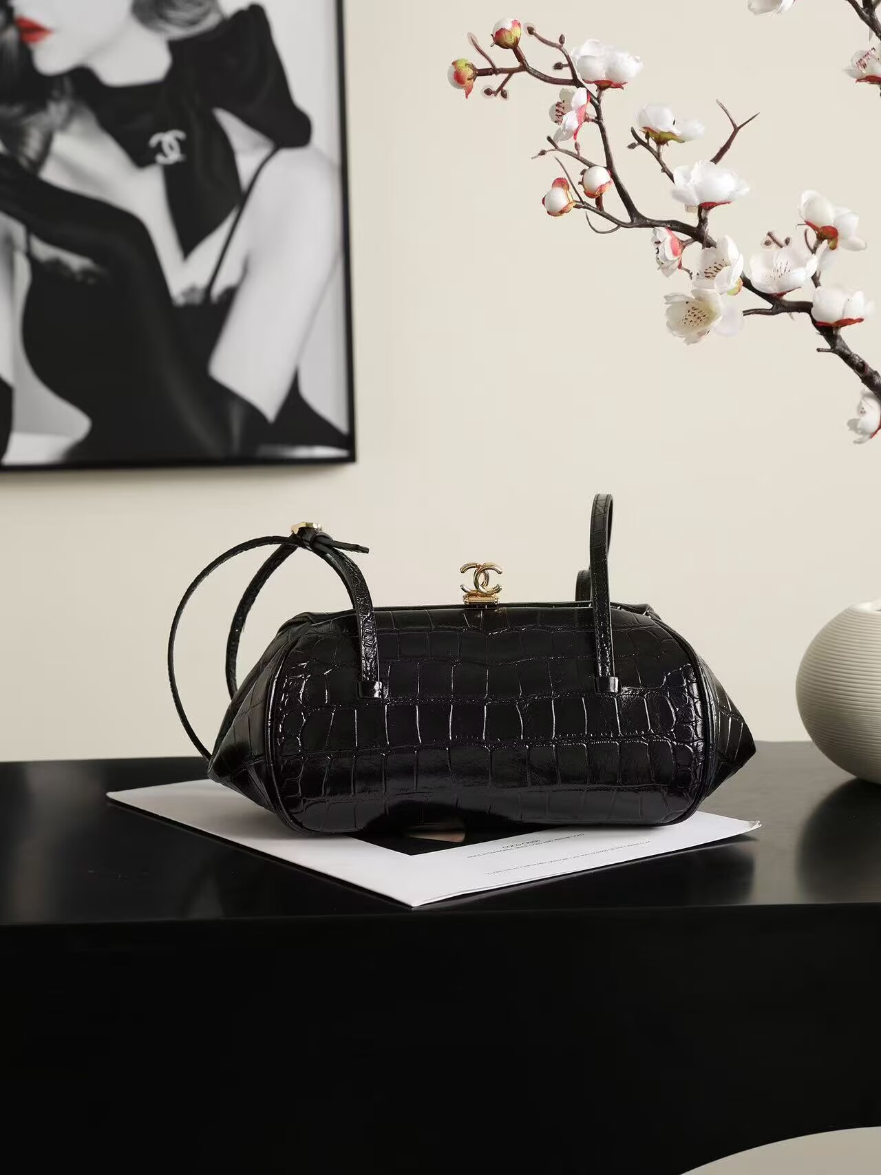 Chanel Clutch With Leather Strap Crocodile Embossed Calfskin & Gold-Tone Metal Black AP5360