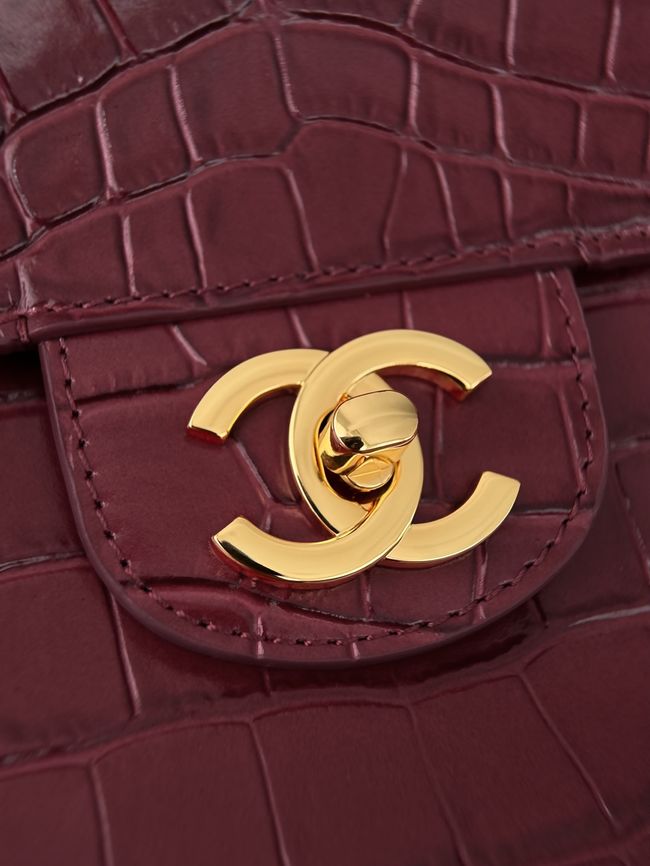 Chanel Crocodile Embossed Maxi Flap bag AS6231 Burgundy&gold-Tone Metal