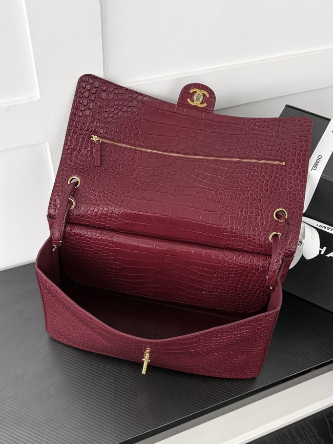 Chanel Crocodile Embossed Maxi Flapbag Calfskin AS6233 Burgundy