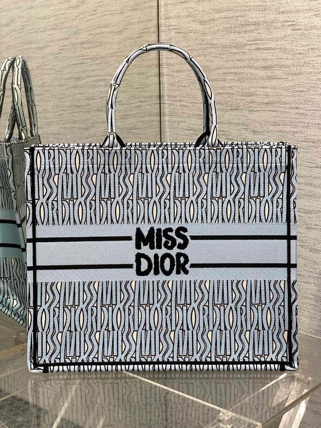 Large Dioriviera Dior Book Tote Pale Blue and Black Aquamarina Toile de Jouy Embroidery M1286ZE
