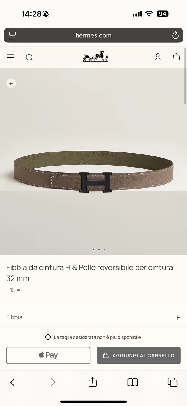 Hermes Epsom calfskin double-sided leather belt 66001