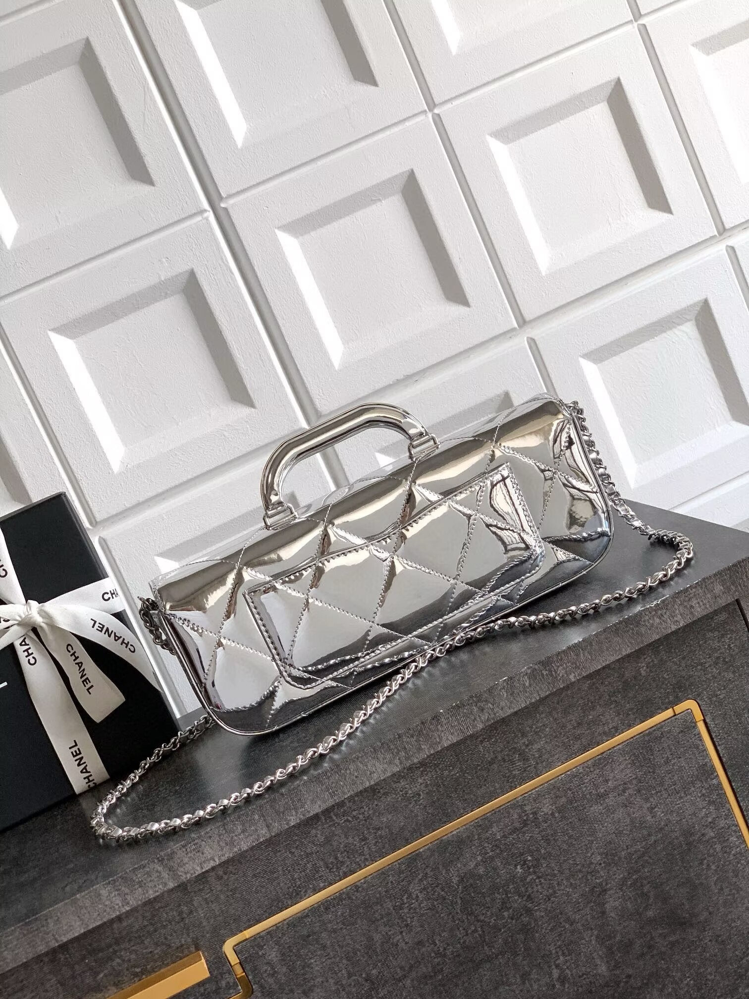 Chanel 25K Original Patent Leather Top Handle Bag A6321 Silver