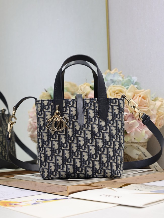 Small Dior Toujours Vertical Tote Bag Macrocannage Oblique Jacquard M2835P blue