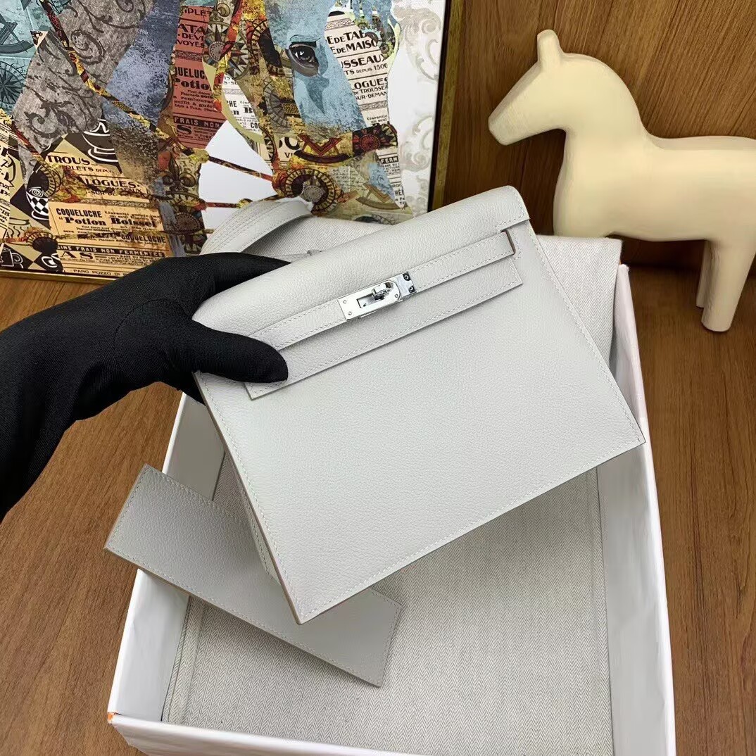 Hermes Kelly Danse Original Evercolor Leather 22CM KL22 Light Silver-Tone