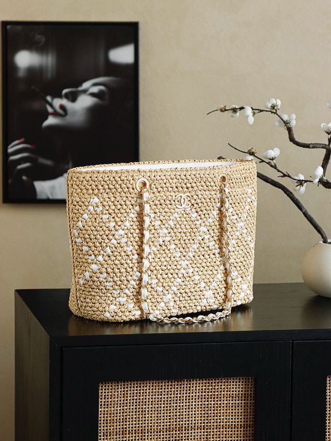 CHANEL Large Braided Straw Shoulder Bag AS5956 Apricot and white